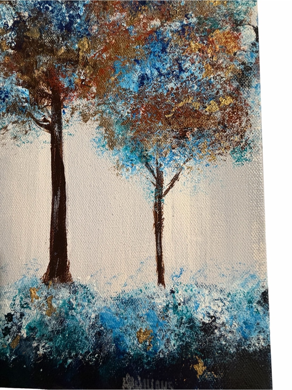 New Original Acrylic Canvas Art Trees in Blue and Gold 12" x 16" - Picture 9 of 14